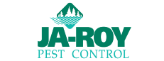 Logo with text JA-ROY Pest Control and an icon of a green diamond showcasing trees and waves.