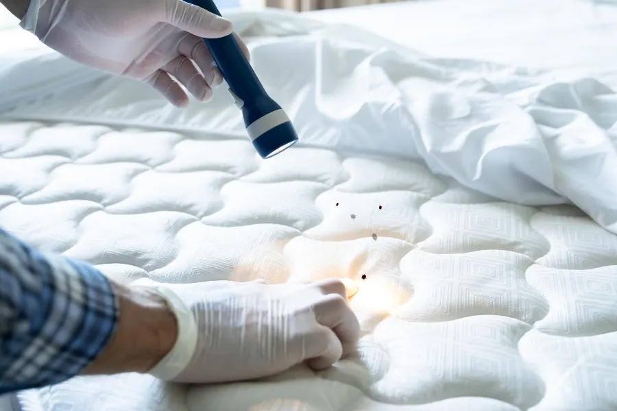 Pest control inspector wearing protective gloves using a flashlight to inspect a white mattress for bed bugs