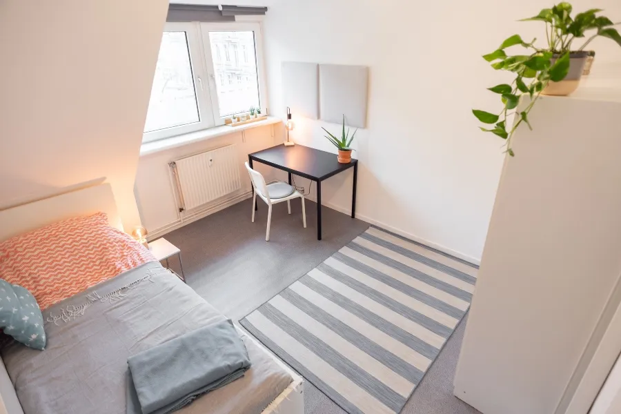 Clean, minimalist dorm room with a single bed, desk, chair, and striped area rug