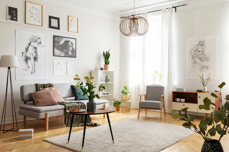 A modern, brightly lit living room featuring a grey sofa, coffee table, patterned armchair, and gallery wall after bed bug treatment
