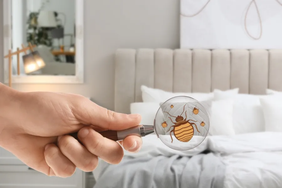 A hand holding a magnifying glass that overlay-reveals illustrated bed bugs on a bed, with a blurred bedroom featuring a tufted headboard and white pillows in the background