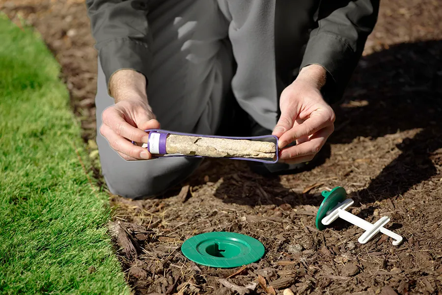 Pest control technician showing termite bait in a bait station