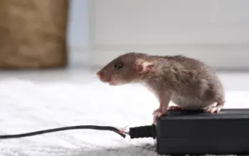 Louisiana rodent next to gnawed power cord, a telltale sign of rodent infestation