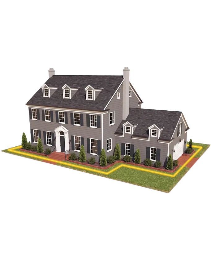 3D rending of a suburban home with a yellow highlight around the perimeter