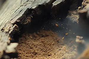 A hollowed log with saw dust collecting in the middle