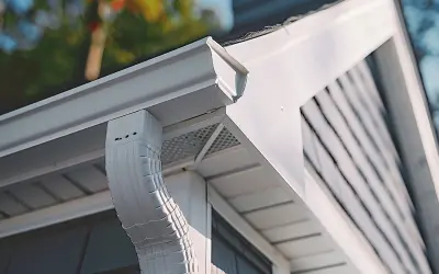 Vinyl downspout of a residential home in Louisiana. Safeguard your home by contacting Ja-Roy Pest Control for a free gutter inspection.